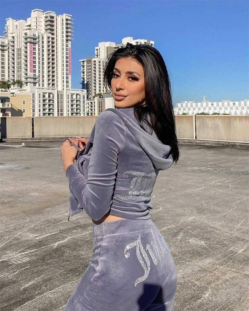 Juicy Couture Pink Velour Tracksuit Set Crystal Logo Hoodie & Flare Pants