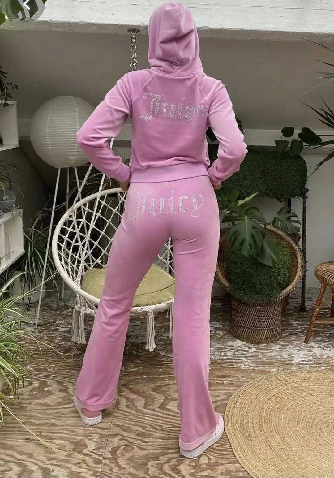 Juicy Couture Pink Velour Tracksuit Set Crystal Logo Hoodie & Flare Pants