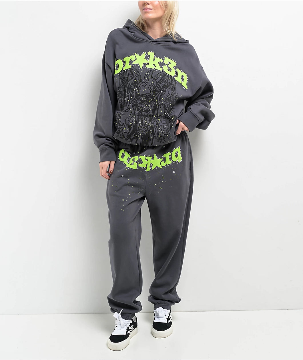 Broken Promises Beware Grey Rhinestone Tracksuit