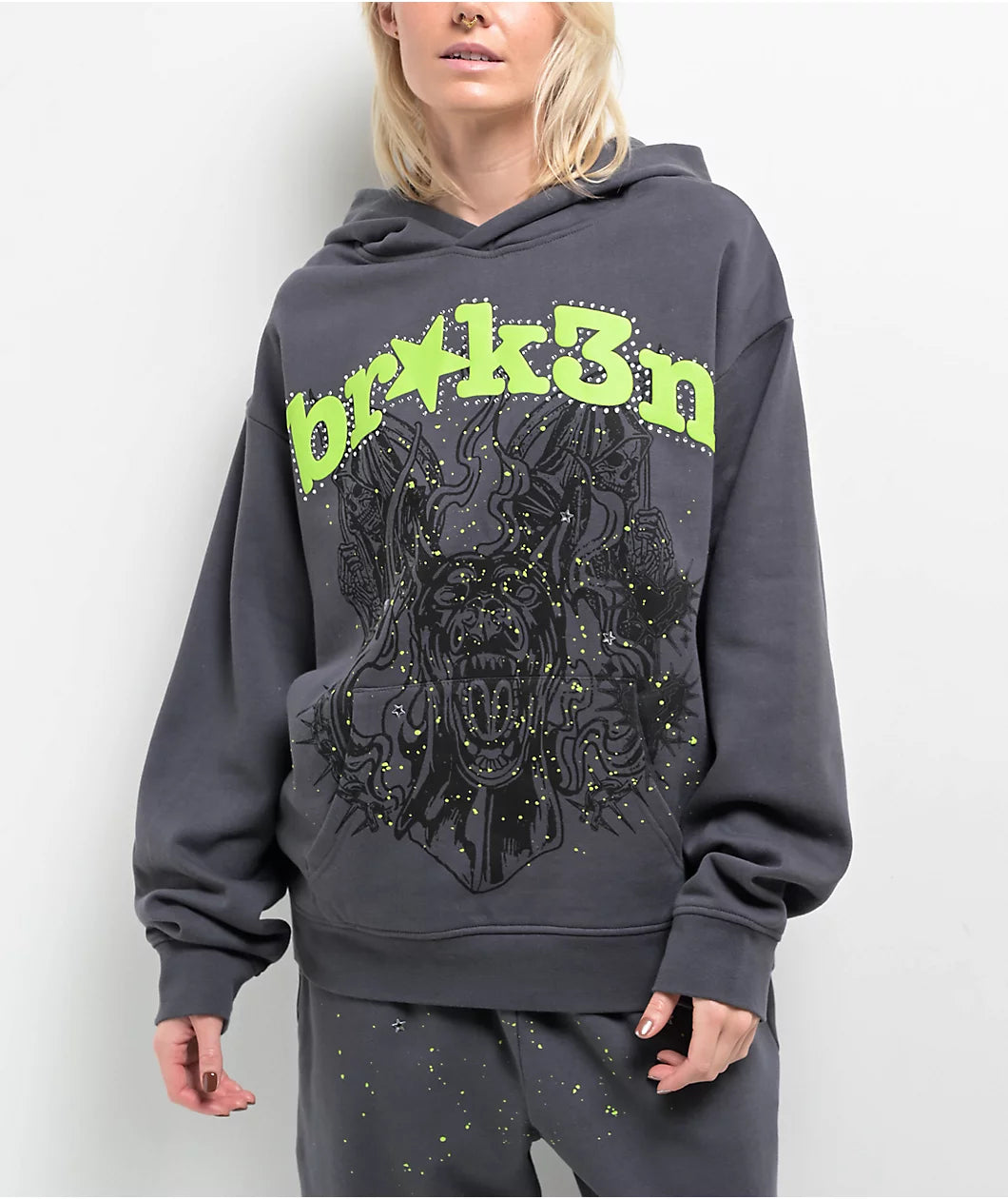 Broken Promises Beware Grey Rhinestone Tracksuit