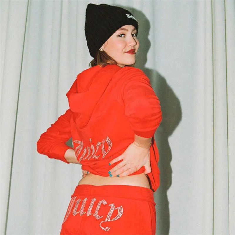 Juicy Couture Pink Velour Tracksuit Set Crystal Logo Hoodie & Flare Pants