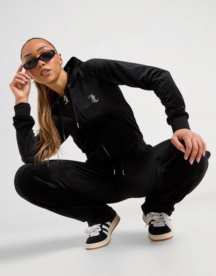 Juicy Couture Women's Black Velour Tracksuit Rhinestone Logo Set Hoodie