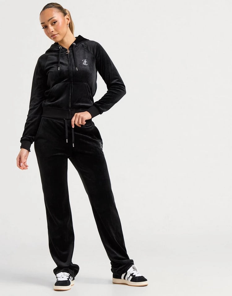 Juicy Couture Women's Black Velour Tracksuit Rhinestone Logo Set Hoodie