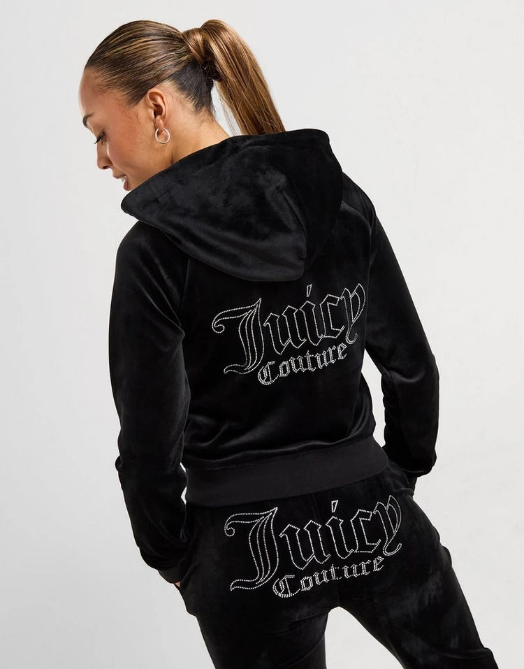 Juicy Couture Women's Black Velour Tracksuit Rhinestone Logo Set Hoodie
