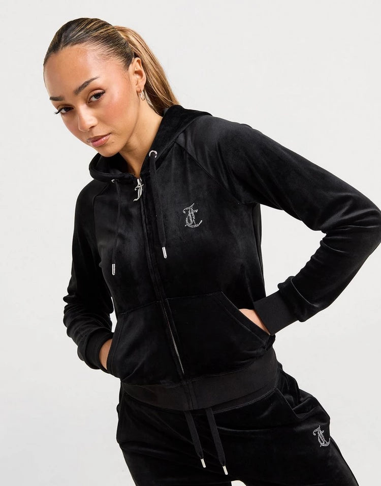 Juicy Couture Women's Black Velour Tracksuit Rhinestone Logo Set Hoodie