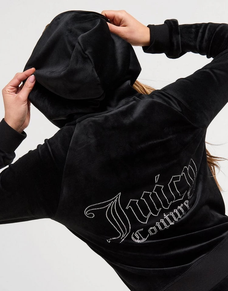 Juicy Couture Women's Black Velour Tracksuit Rhinestone Logo Set Hoodie